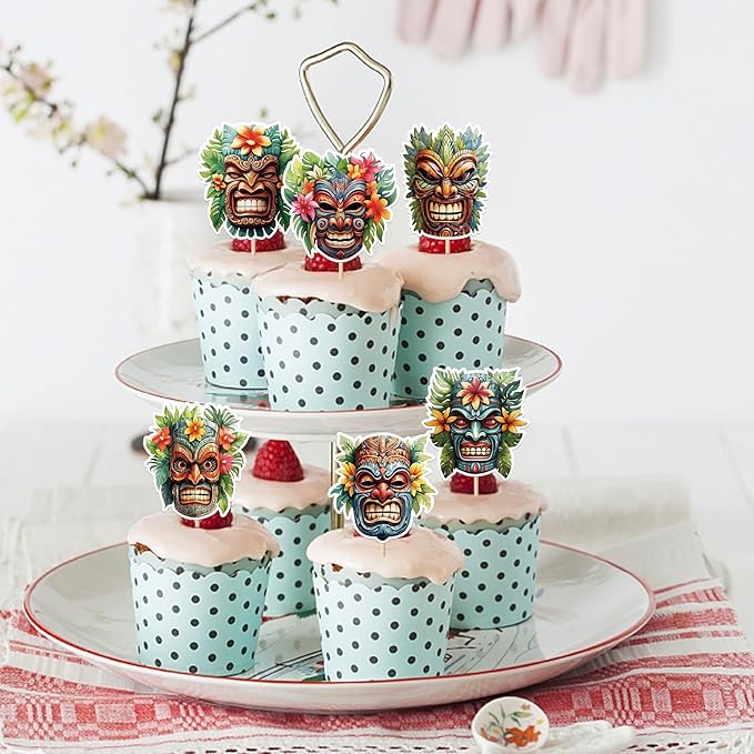 Rsstarxi 36 Pack Hawaii Tiki Cupcake Toppers Tiki Tribal Masks Cupcake Picks Hawaiian Tropical Tiki Totem Themed Party Cake Decorations for Summer Aloha Tropical Birthday Party Supplies