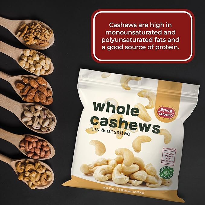 Spicy World Raw Cashews 5 LB (80oz) Bulk - Non-GMO, Gluten Free, Peanut Free, No Additives, Unsalted Natural & Pure Whole Cashews - Great for Pesto, Salads, Baking, Roasting & Cooking