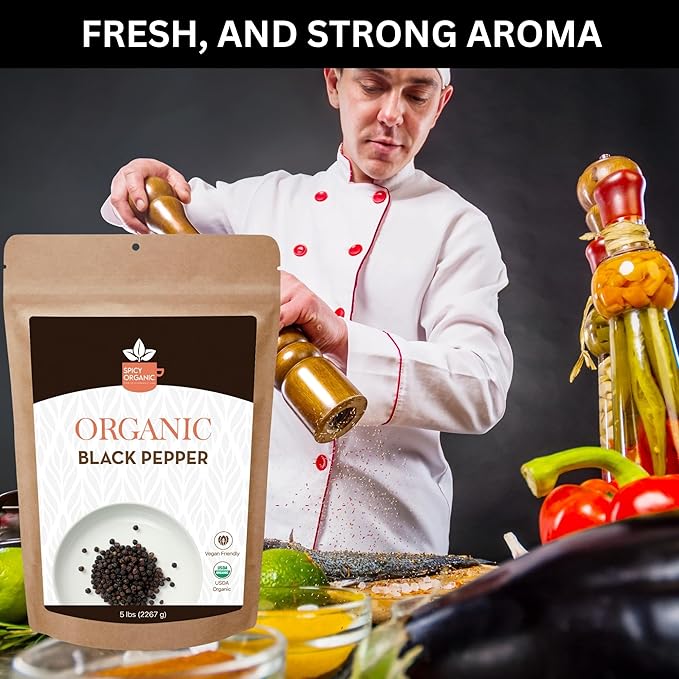 SPICY ORGANIC Whole Black Pepper - 4 lb. - Fresh and Aromatic Peppercorns, Perfect for Grinder Refill and Seasoning, USDA Certified Organic, Gluten-Free, Non-GMO Spice