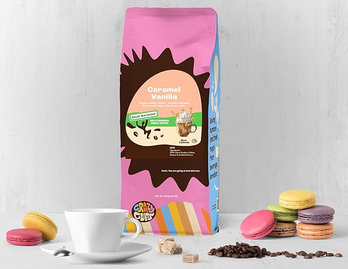 Crazy Cups Decaf Flavored Ground Coffee, Caramel Vanilla, in 10 oz Bags, For Brewing Flavored Hot or Iced Decaf Coffee, 3 Pack