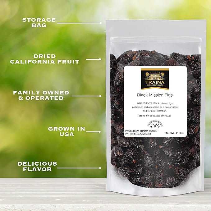 Traina Home Grown California Dried Whole Black Mission Figs - Healthy, No Added Sugar, Non GMO, Gluten Free, Kosher Certified, Vegan, Packed in Resealable Pouch (2 lbs)