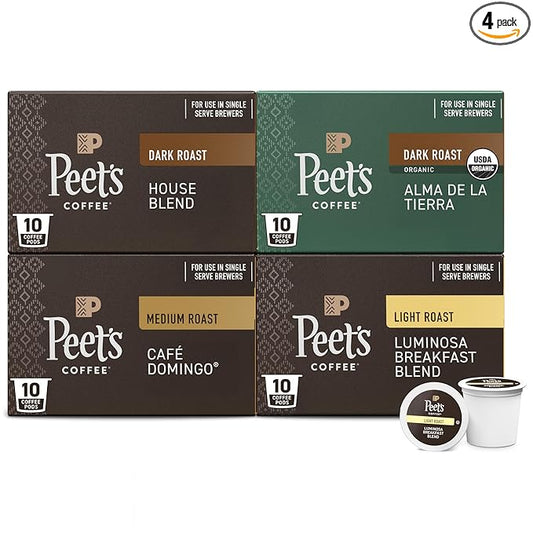 Peet's Coffee, Single Serve Coffee Pods Variety Pack - Luminosa Breakfast Blend, Café Domingo, Organic Alma De La Tierra, House Blend, 40 Count (4 Boxes of 10 Pods)