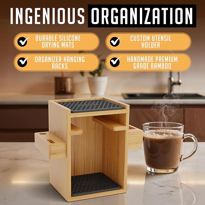 HEXNUB ??Compact AeroPress Organizer Stand, Bamboo Coffee Caddy for AeroPress Coffee Maker, Accessories, Filters, Cups, Includes Mats - Black