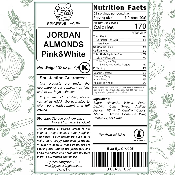 Spices Village Jordan Almonds, Pink and White, Crunchy Candy Coated Almonds, 32 oz, Perfect for Weddings, Baby Showers, Parties, Favors, and Gifting, Kosher Certified
