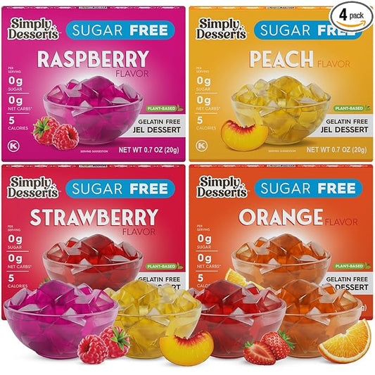 Simply Desserts Sugar-Free Jel Variety 4-Pack (Raspberry, Peach, Orange, Strawberry) ??Vegan Dessert, Keto Snacks, Diabetic Friendly & Kosher, 1.7 Oz Ea