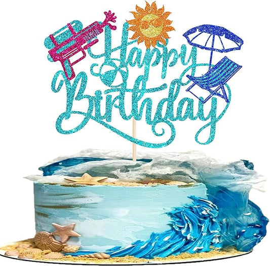 1 Pack Summer Beach Happy Birthday Cake Topper Tropical Hawaiian Water Gun Cake Pick Glitter Umbrella Pool Holiday Cupcake Decoration for Summer Baby Shower Birthday Party Supplies Blue