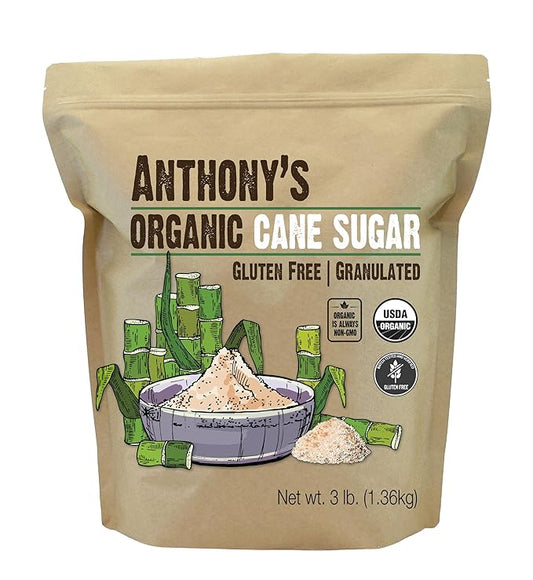 Anthony's Organic Cane Sugar, 3 lb, Granulated, Gluten Free & Non GMO