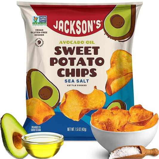 Jackson???Sweet Potato Kettle Chips with Sea Salt made with Premium Avocado Oil (1.5 Ounce, Pack of 28) - Allergen-friendly, Gluten Free, Peanut Free, Vegan, Paleo Friendly - Shark Tank Product