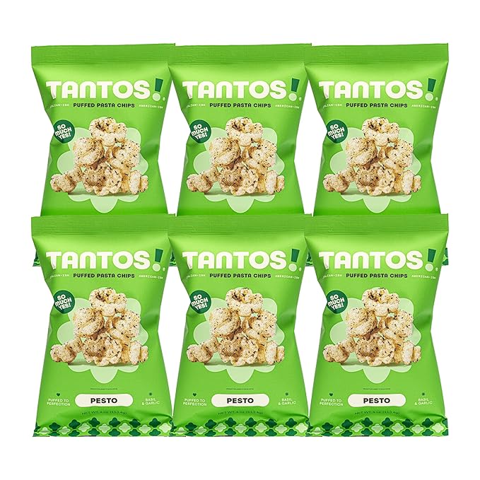 Tantos! Puffed Pasta Chips ??Healthy Pasta Snack by Top Chef Joe Sasto ??Plant-Based, Low Calorie, Crunchy Chips ??Variety Pack ??Marinara, Pesto, Cacio e Pepe, Classico ??Gourmet Bold Flavors (4 oz 6 Pack, Pesto)