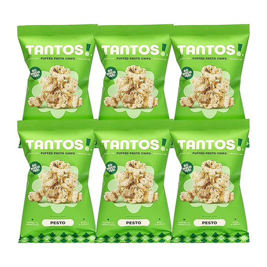 Tantos! Puffed Pasta Chips ??Healthy Pasta Snack by Top Chef Joe Sasto ??Plant-Based, Low Calorie, Crunchy Chips ??Variety Pack ??Marinara, Pesto, Cacio e Pepe, Classico ??Gourmet Bold Flavors (4 oz 6 Pack, Pesto)