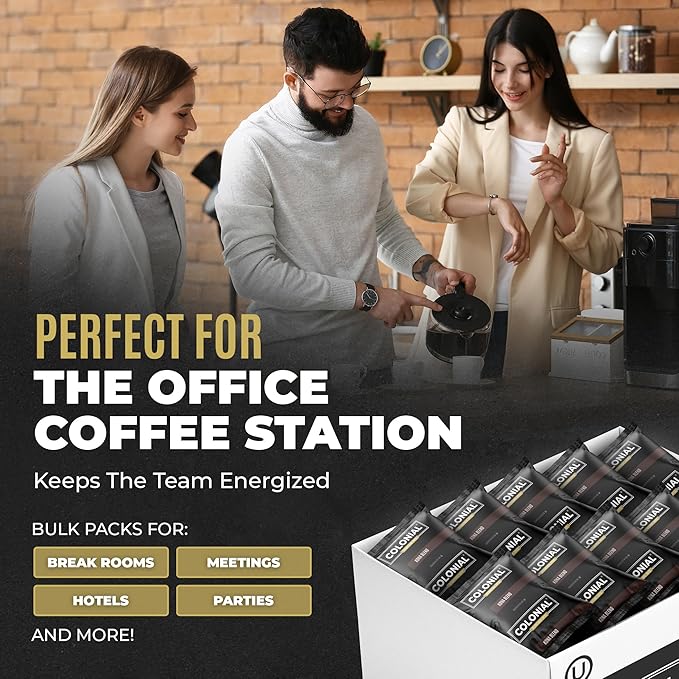 Colonial Coffee 100 Count Single Pot Coffee Packets ??100% Arabica Decaf Colombian Medium Roast | Pre-Measured Frac Packs for 12 Cup Maker | Bulk Ground Gourmet Coffee for Home & Office