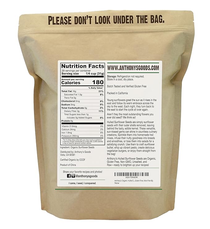 Anthony's Organic Hulled Sunflower Seeds, 2 lb, Raw, Unsalted, Batch Tested and Gluten Free, Keto Friendly
