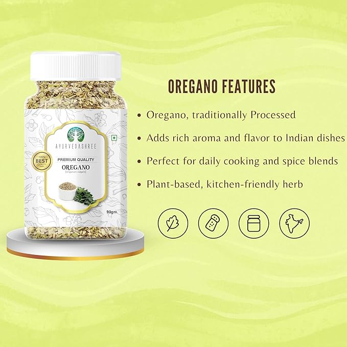 AYURVEDASHREE Oregano Leaves Dried 90gm PET Jar ~ All Natural | Vegan | NON-GMO | Indian Spice | Dried Herb For Cooking