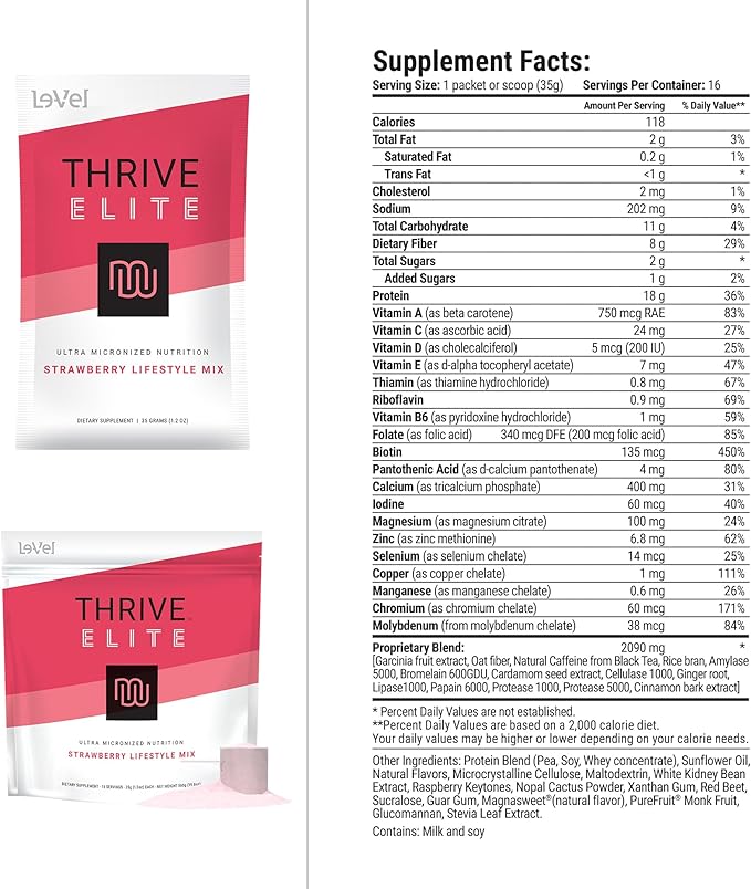 Thrive Elite Protein Shake | Gluten-Free, Protein Blend with BCAAs, Probiotics & Enzymes | 16 Serving - Scoop Serves, Strawberry