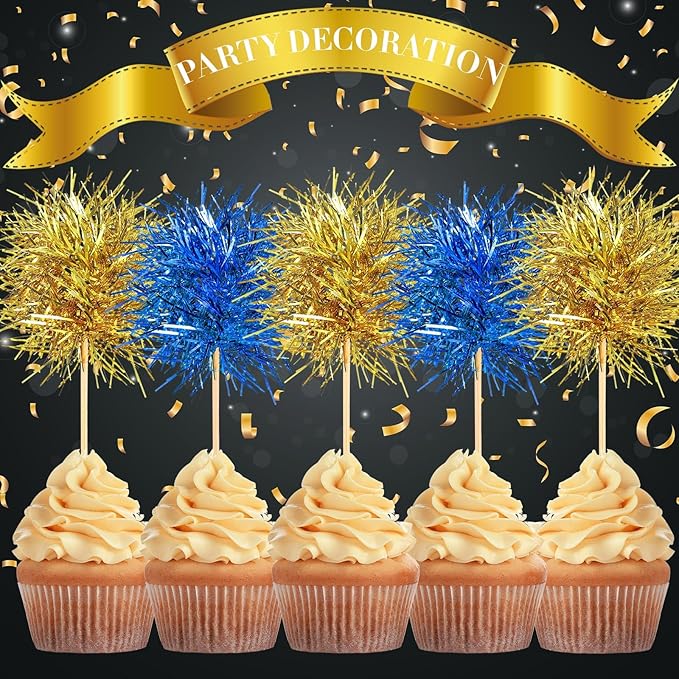 Chinco 100 Pcs Foil Firework Cupcake Toppers Sparkle Tinsel Cake Toppers Cake Decoration Cocktail Fruit Toothpick for Birthday Wedding Graduation Party(Blue, Gold)