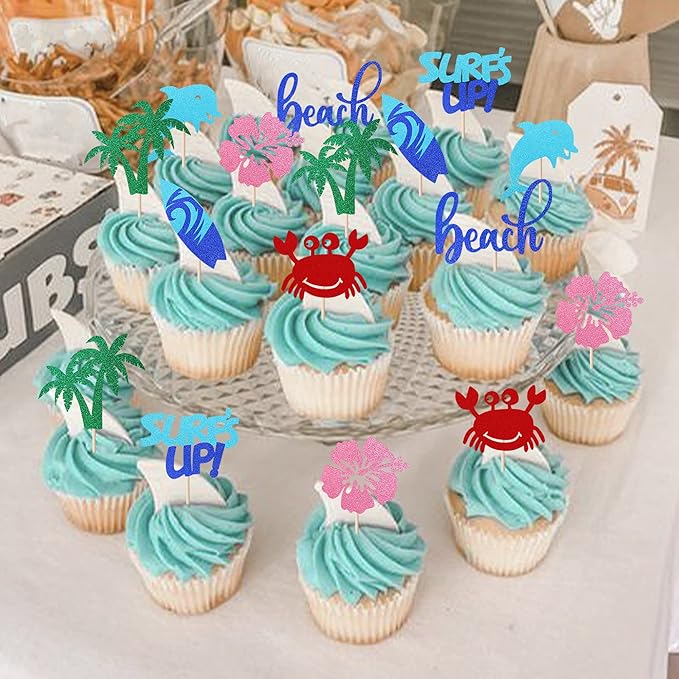 Rsstarxi 28 PCS Summer Beach Cupcake Toppers Glitter Surf's Up Surfboard Cupcake Picks Dolphin Crab Flower Cake Decorations for Hawaii Beach Theme Wedding Baby Shower Birthday Party Supplies