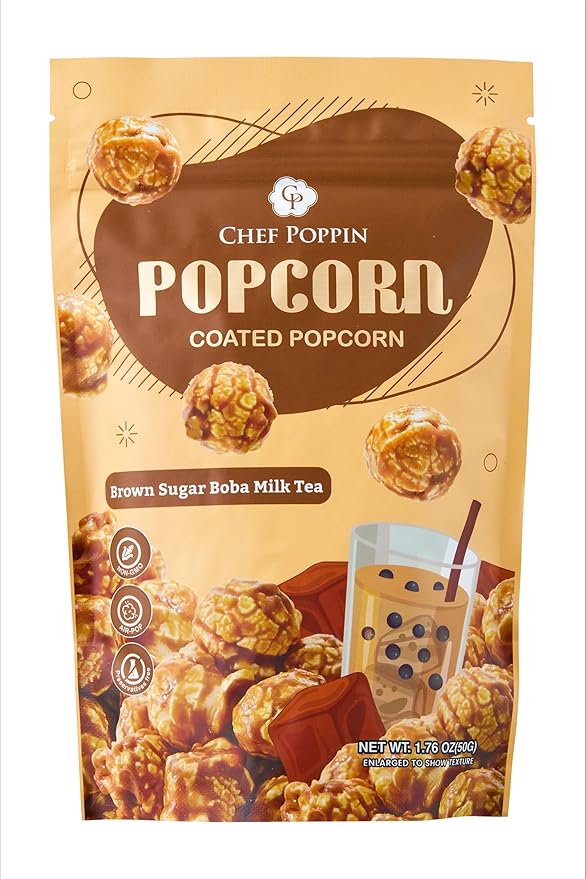 CHEF POPPIN Asian-Style Gourmet Flavored Popcorn, Non-GMO Corn, All Natural, Brown Sugar Boba Milk Tea, 50g, 1.76 oz