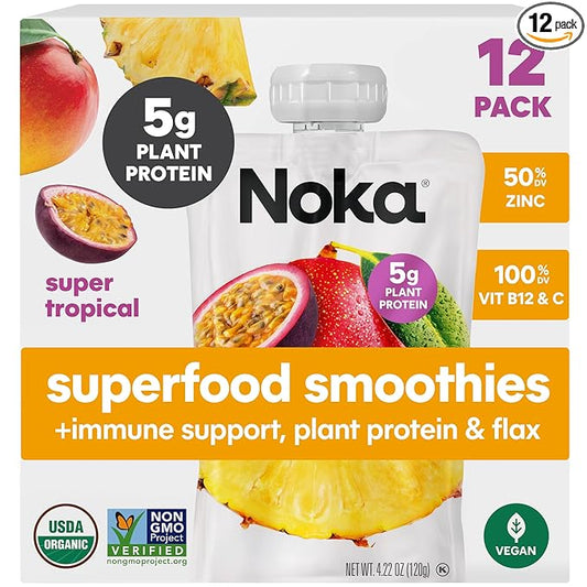 Noka Superfood Fruit Smoothie Pouches, Super Tropical with Immune Support, Healthy Snacks with Elderberry, Vitamin C, Flax Seed and Plant Protein, Vegan, Gluten Free, Organic Fruit Squeeze Pouch, 4.22 oz, 12 Count