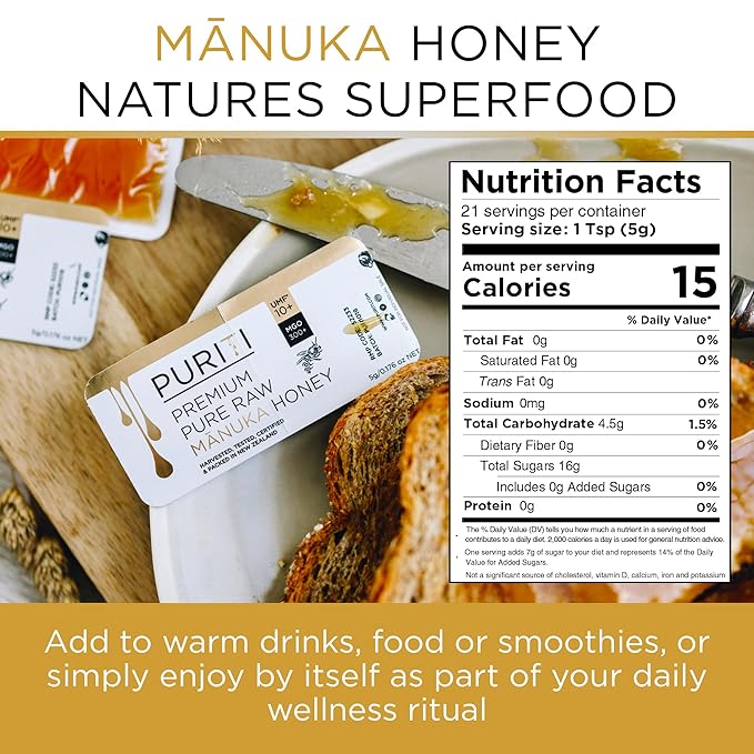 PURITI Genuine Raw Manuka Honey Snaps On The Go - UMF 10+ (MGO300+) 21 x 0.18oz Individual Snap Packets, Single Serve Honey Sticks for Tea, Travel & Snacks, Certified, Made in New Zealand