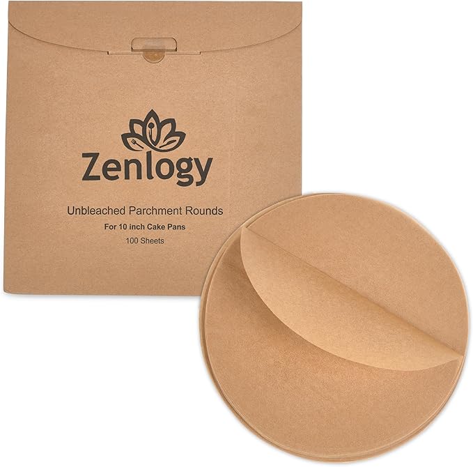 Zenlogy 10 Inch Parchment Paper Rounds (100 Sheets) - Unbleached, Pre-cut, High Heat, Round Liners - Fits 10 inch Round Cake Pans, Pizza Pans, and Air Fryer