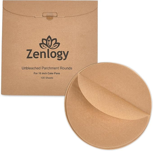 Zenlogy 10 Inch Parchment Paper Rounds (100 Sheets) - Unbleached, Pre-cut, High Heat, Round Liners - Fits 10 inch Round Cake Pans, Pizza Pans, and Air Fryer