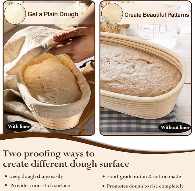 P&P CHEF Sourdough Bread Proofing Basket Set of 2, 10 Inch Oval Dough Proofing Bowls, Sourdough Bread Baking Supplies for Bakers, Handmade Rattan Baskets with Cloth Liner