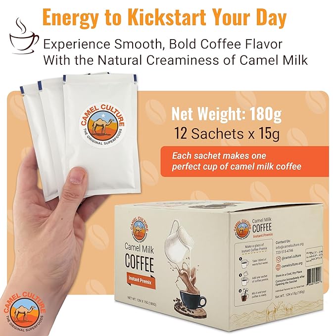 Camel Milk Coffee Instant Premix Sachets - Nutrient Rich - Instant Coffee - 15G x 12 Sachets – Nutrient-Rich Blend & Immune-Boosting Instant Coffee Powder – On-the-Go Convenience & Premium Healthy Beverage