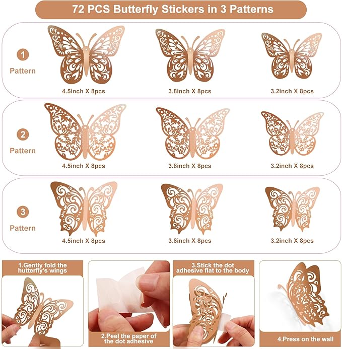 72 Pcs Rose Gold Butterfly Decorations - 3 Sizes, 3 Styles, 3D Wall Decor for Parties, Birthdays & Crafts