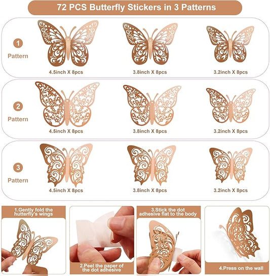 72 Pcs Rose Gold Butterfly Decorations - 3 Sizes, 3 Styles, 3D Wall Decor for Parties, Birthdays & Crafts
