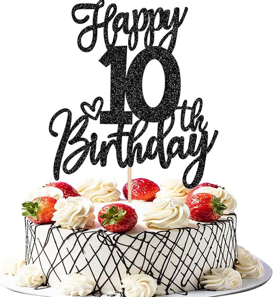 1 PCS Happy 10th Birthday Cake Topper Glitter Cheers to 10 Years Birthday Cake Pick Ten 10 Fabulous Cake Decoration for Happy 10th Birthday Anniversary Theme Party Decorations Supplies Black