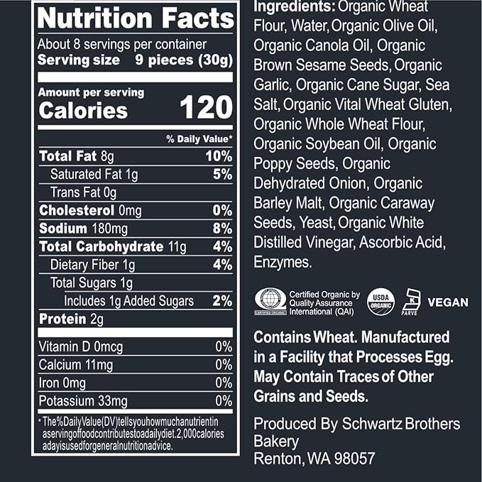Everything Bagel Chips NY Style Bagel Crisps. Organic, Vegan, Kosher. From the artisans of Schwartz Brothers Bakery. Baked Fresh. Twice Baked. 8 ounce container. Great Snack. Delicious. Pack of 2.