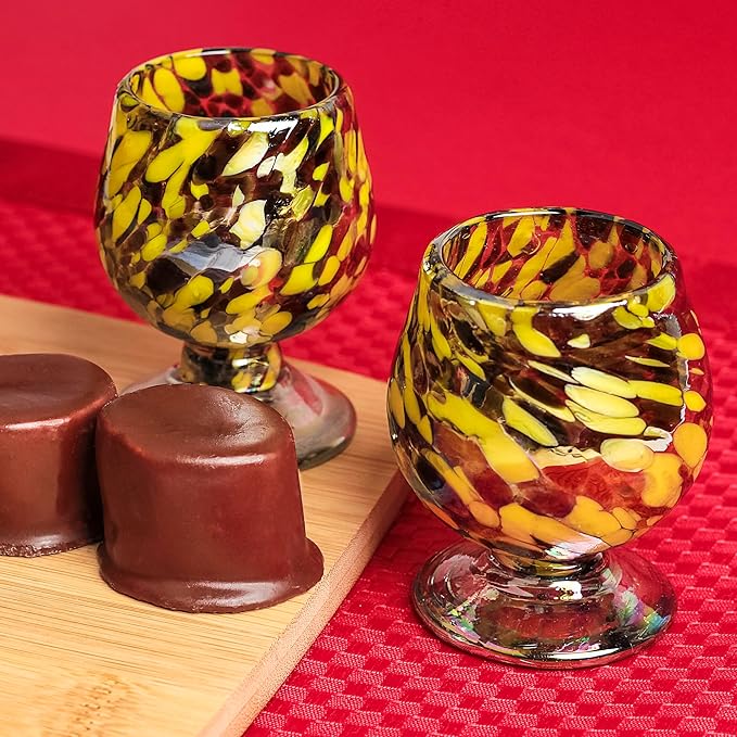 Authentic Mexican Tequila Hand Blown Shot Glasses - Set of 4-2 oz Mini Glass Snifters - Heavy Base - Cognac (Golden Hour Sips) Amber Hue Tasting Glasses for Sipping Añejo, Scotch & Cognac