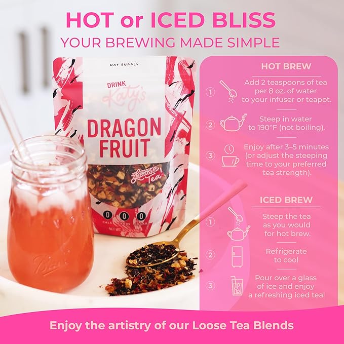 Katy?™s Dragonfruit Loose Leaf Tea | Hydrating & Fruity Herbal Tea | Hibiscus, Dragonfruit & Pineapple | Caffeine-Free Fruit Tea | 30+ Cups | Hot or Iced | Antioxidant-Rich | Woman-Owned | 3oz Pouch