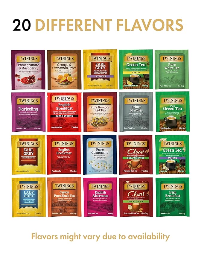 Twinings Tea Bag Sampler, Assortment Variety Pack (20 Count), 20 Unique Flavors for Tea Lovers: Women, Men, Couples, Family, Friends, Coworkers