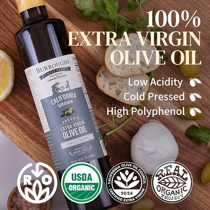 Burroughs Family Farms Premium Organic Extra Virgin Olive Oil ??Cold-Pressed California EVOO, Polyphenol Rich Family Blend ??Regenerative Organic & USDA Certified, Non-GMO, Gluten-Free ??500ml (16.9 fl oz) Glass Bottle