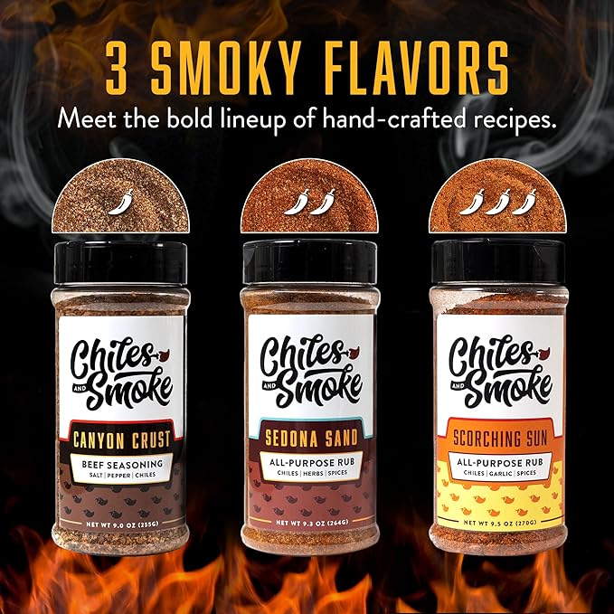 Chiles and Smoke - Scorching Sun All Purpose Seasoning for Chicken Thighs, Meats, Seafood & More, Hot Taco Seasoning with Spices, Low-Sodium Cooking Grilling Gifts, No Dairy, Gluten & MSG, 270 g