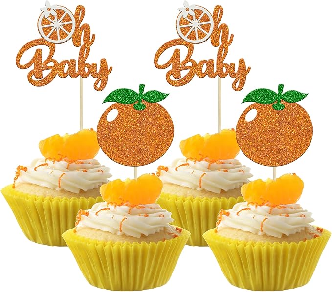 24Pcs Little Cutie Cupcake Toppers Glitter Orange Oh Baby Cupcake Picks Citrus Theme Baby Shower Decorations for Cutie Kids Birthday Party Baby Shower Gender Reveal Fruit Party Supplies