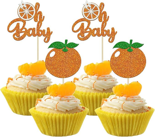 24Pcs Little Cutie Cupcake Toppers Glitter Orange Oh Baby Cupcake Picks Citrus Theme Baby Shower Decorations for Cutie Kids Birthday Party Baby Shower Gender Reveal Fruit Party Supplies