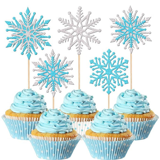 24 PCS Glitter Snowflake Cupcake Toppers Winter Frozen Theme Cupcake Picks Winter Wonderland Cake Decorations for Snowflake Theme Baby Shower Birthday Merry Christmas Party Supplies Blue Silver