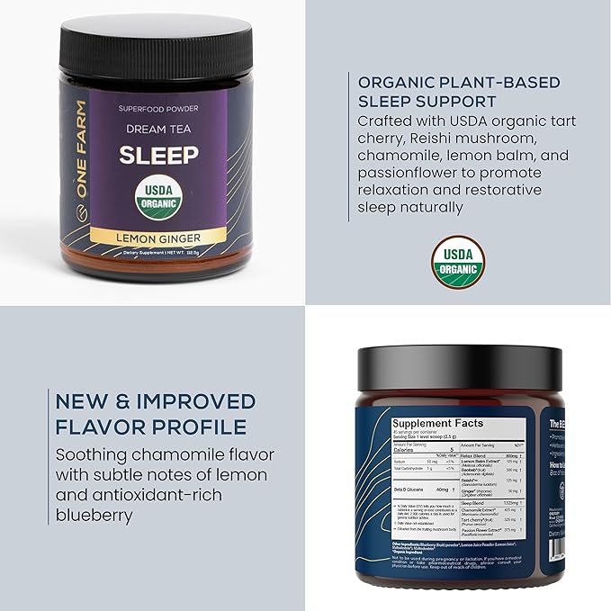One Farm Dream Tea Sleep Powder - with USDA Organic Reishi, Tart Cherry, Chamomile, Lemon Balm, and Passionflower - 45 Servings in a Resealable Glass Jar - Soothing Chamomile Flavor