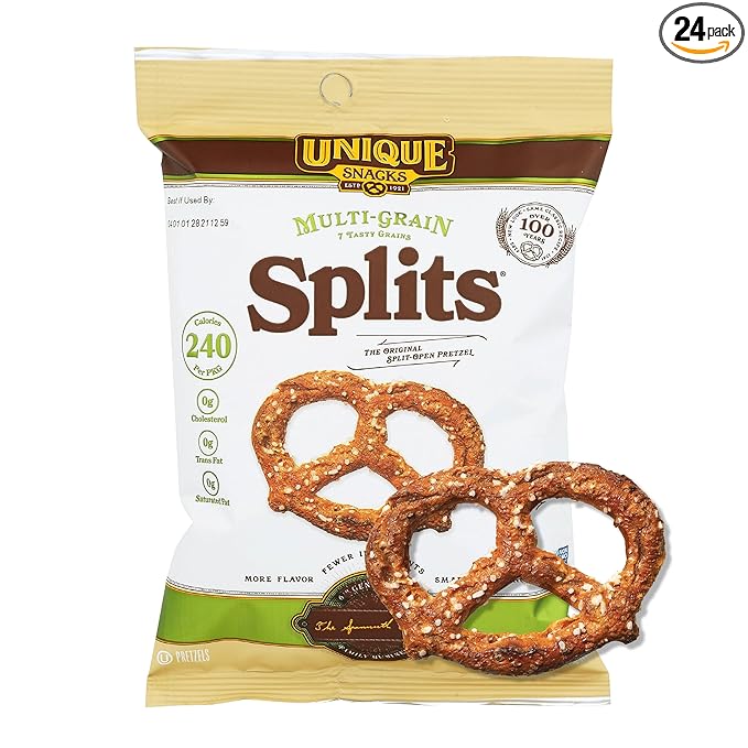 Unique Snacks Multi-Grain Splits Pretzel, Delicious Homestyle Baked Snack Bags, Vegan, OU Kosher, and Non-GMO Food, No Artificial Flavor, 2.12 Oz. Bag, Pack of 24