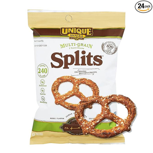 Unique Snacks Multi-Grain Splits Pretzel, Delicious Homestyle Baked Snack Bags, Vegan, OU Kosher, and Non-GMO Food, No Artificial Flavor, 2.12 Oz. Bag, Pack of 24