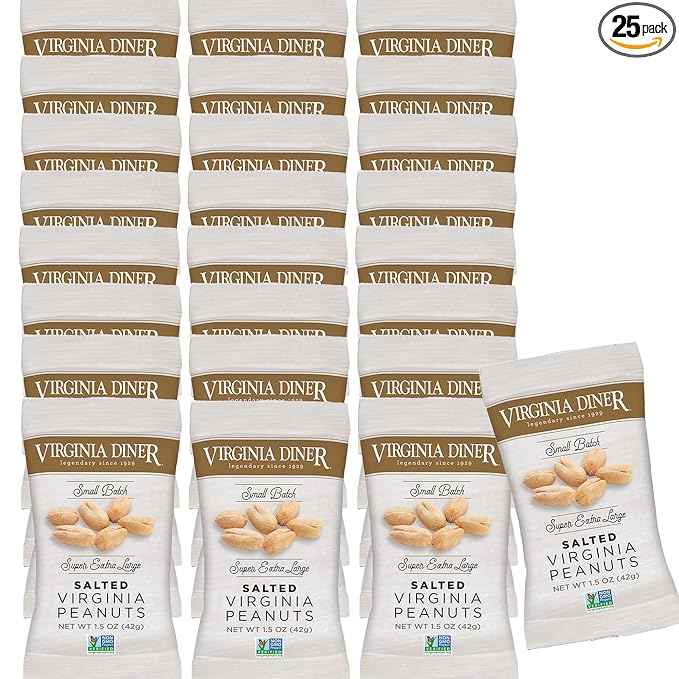 Virginia Diner XL Blister Roasted Gourmet Virginia Peanuts ??All Natural, Heart Healthy, Plant-Based Protein 1.5oz (Pack of 25) Salted for Lunch Box or Snacking