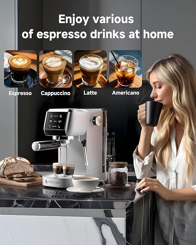 AMZCHEF Espresso Machine 20 Bar ??Professional Coffee Maker with Milk Frother, Adjustable Temperature & Pressure, Compact Stainless Steel Espresso Maker for Cappuccino, Latte, Mocha, 44oz Water Tank