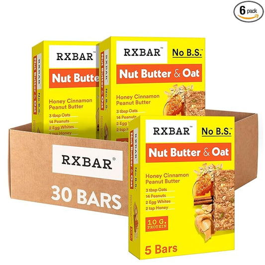 RXBAR Nut Butter and Oat Protein Bars, Protein Snacks, Snack Bars, Honey Cinnamon Peanut Butter (6 Boxes, 30 Bars)