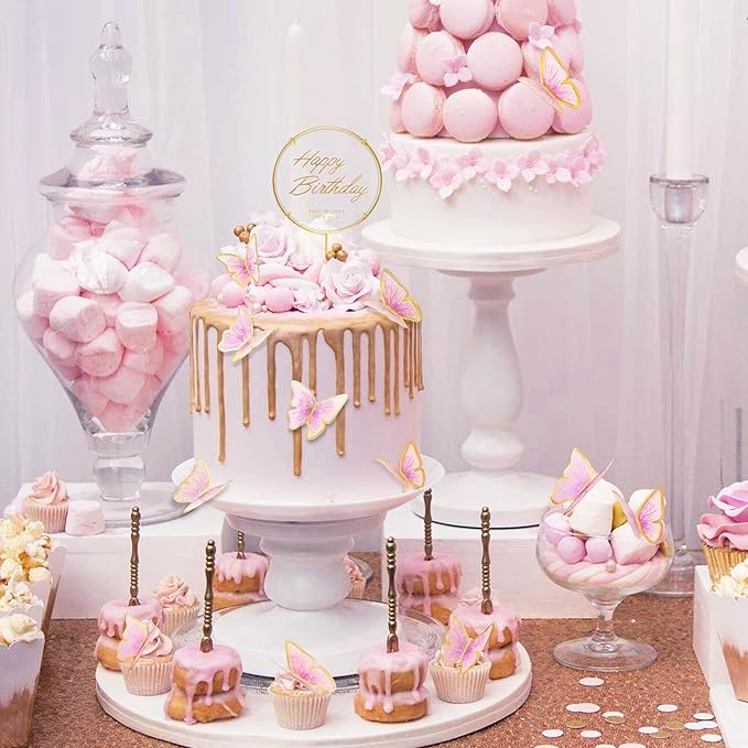 11-Piece Pink Gold Butterfly Cake Toppers Set - Happy Birthday Metal Gold Cake Topper & Decorations (LL-652)
