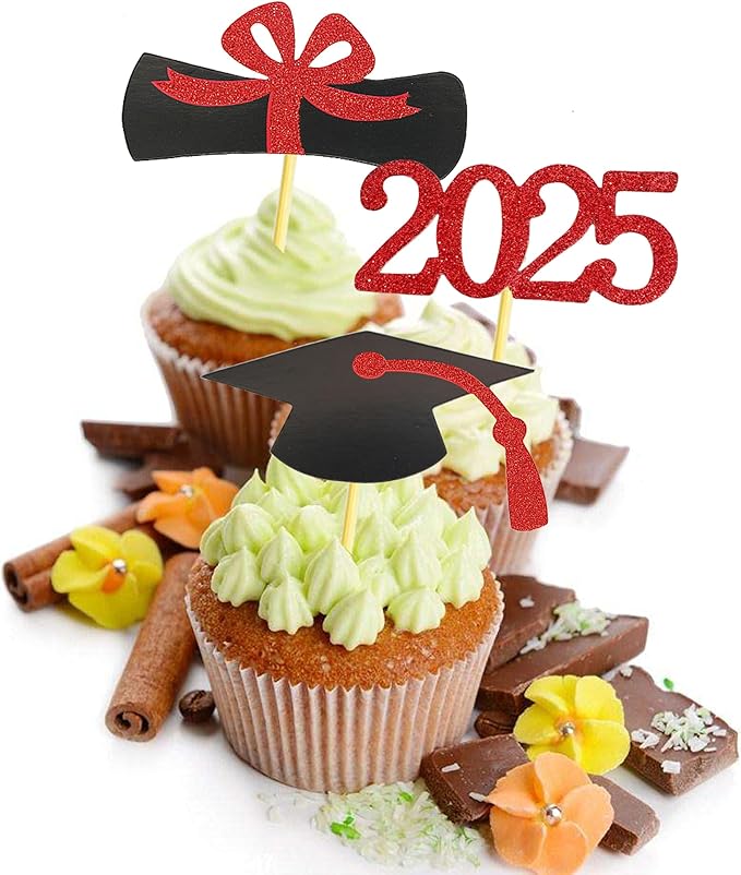2025 Graduation Cupcake Toppers, 48 PCS Food/Appetizer Picks For Graduation Party Mini Cake Decorations, Diploma, 2025, Grad Cap Set 48 Pieces (03 Red)