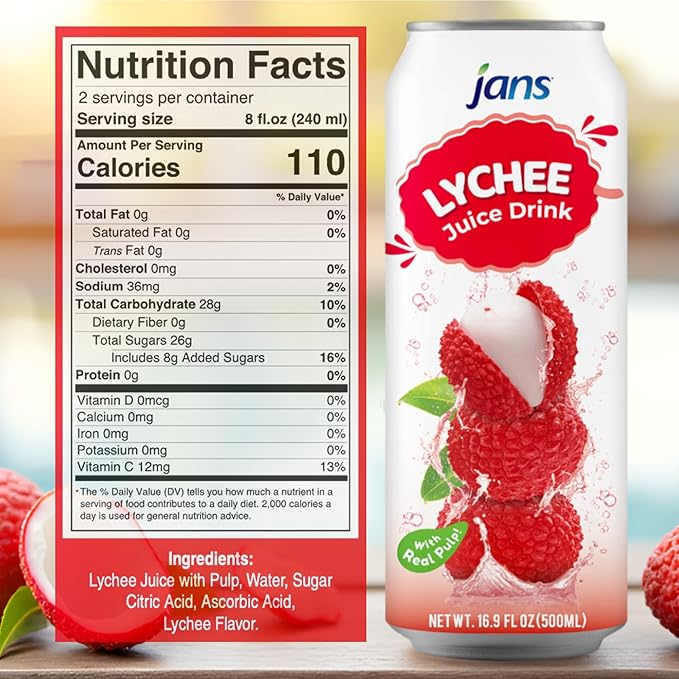 Jans Tropical Lychee Juice Drink with 100% Real Lychee Jelly (12-Pack,16.9 Fl Oz Canned) - Superior Hydration & Delicious Cold Beverage for the Hot Summer
