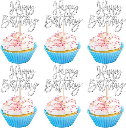 24 PCS Glitter Cupcake Toppers - Silver Happy Birthday & Anniversary Picks