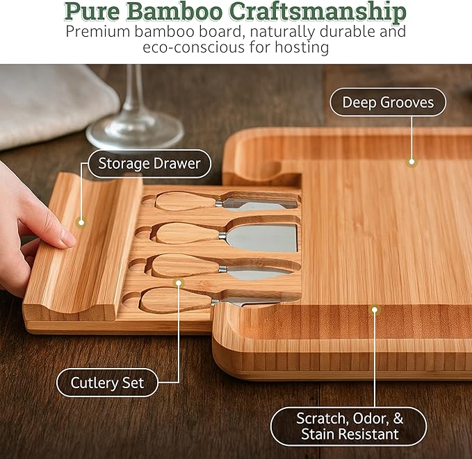Dynamic Gear Bamboo Charcuterie Cheese Board Set with Knives - Low Maintenance Surface - Perfect for Wine and Cheese Nights - Sleek and Minimal Design - 13x13x2 inches - Dark Brown